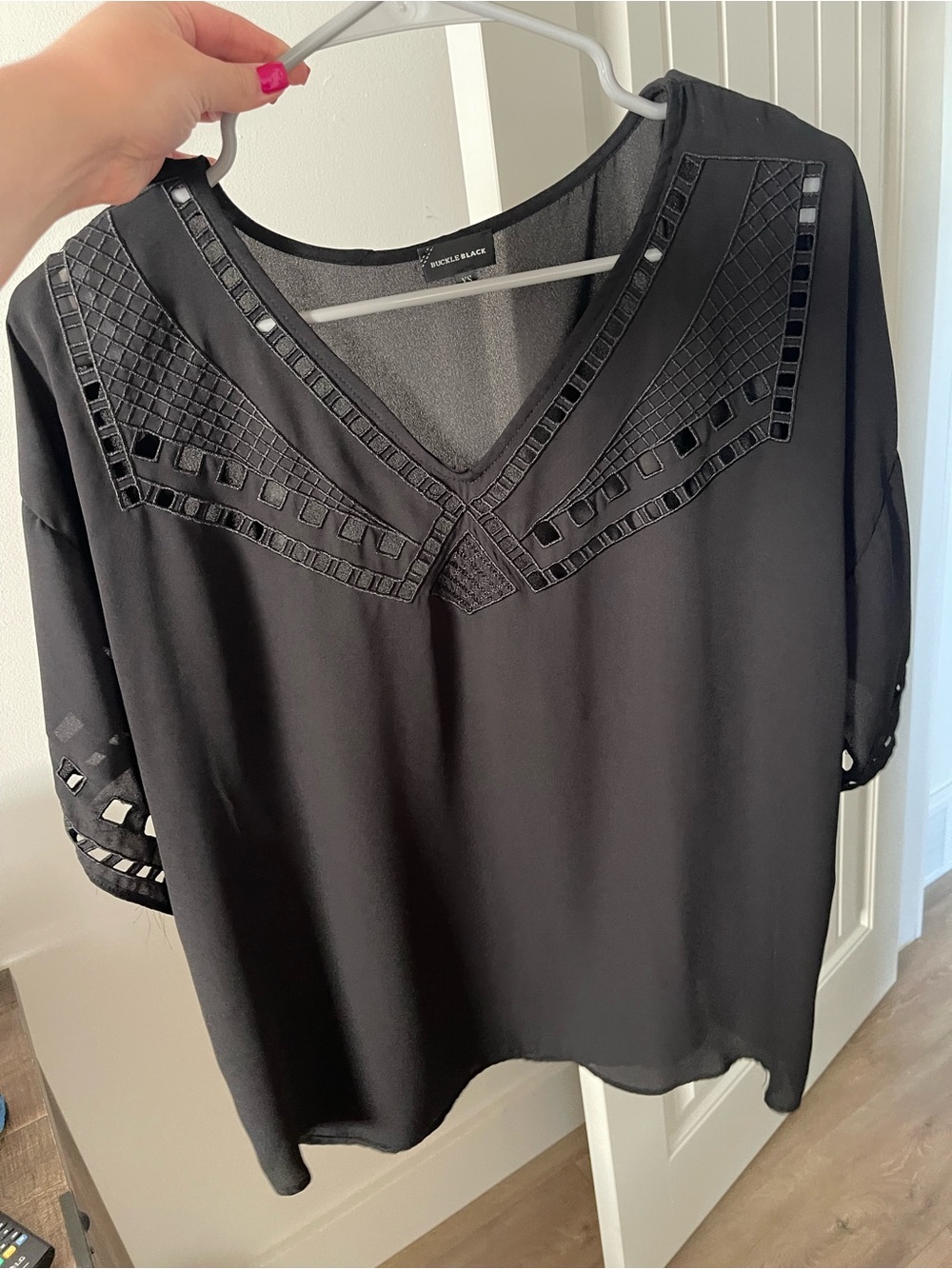 Buckle Black V-Neck Cutout Detail Women's Blouse